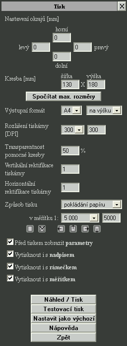 Tisk/Export grafické informace Obr. 37 Funkce systému MISYS-WEB Funkční panel pro tisk se zobrazí po zvolení operace tlačítkem z panelu nástrojů.