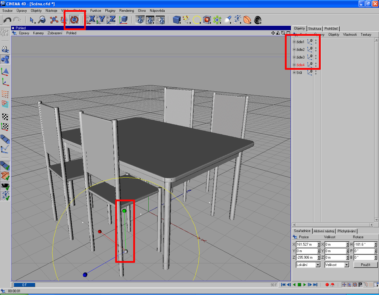 Židle zkopírujte přetažením ve správci objektů s přidržením Ctrl a