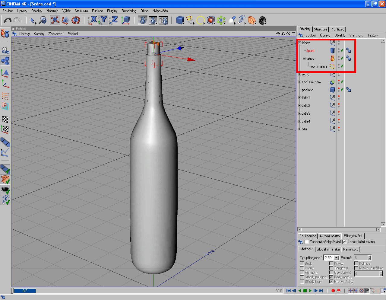 Do procedury Rotace NURBS přetáhněte obrys láhve, doplňte