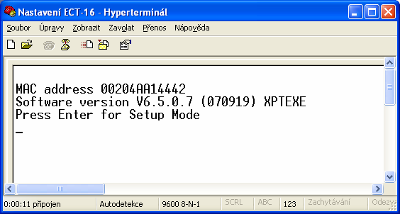 Do 5 sekund je opět nutné vstup do nastavení potvrdit klávesou Enter. Výpis i způsob ovládání je pak shodný jako u terminálu TELNET.