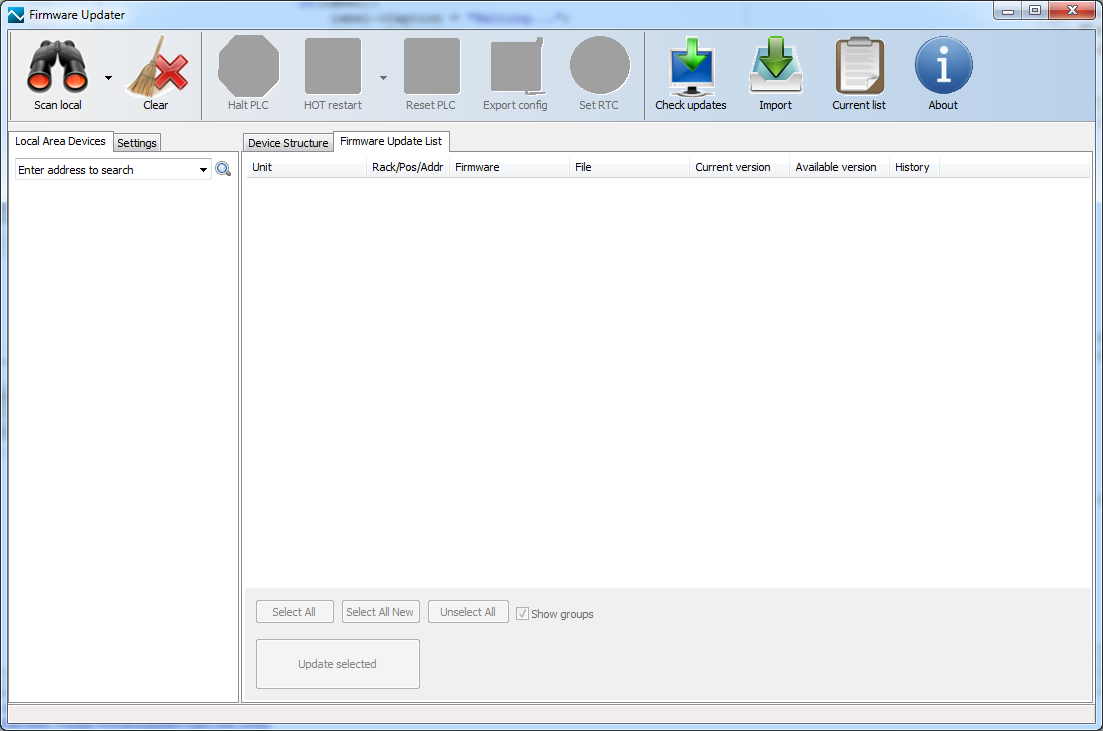 4 Práce s nástrojem Firmware Updater 4.1 Start nástroje Nástroj se spustí otevřením souboru FirmwareUpdater.exe z instalačního balíčku. Po startu se zobrazí okno nástroje. 1 2 3 4 Obr.