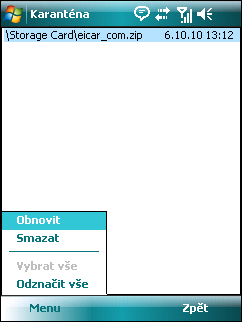 6. Upozornění při nákaze Pokud je nalezen vir, budete ESET Mobile Security vyzvání k zadání akce. Dialog karanténa Obnovit soubory z karantény do původní lokace lze přes nabídku Menu > Obnovit.