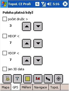 Definice platnosti polohy GNSS Umožňuje nastavit za jakých podmínek je příchozí poloha platná.