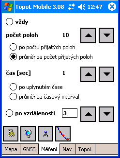 Měření Záložka Měření obsahuje prvky pro nastavení parametrů měření nových poloh a zobrazení naměřených hodnot. V dolní části záložky jsou tlačítka pro ovládání základních funkcí měření.