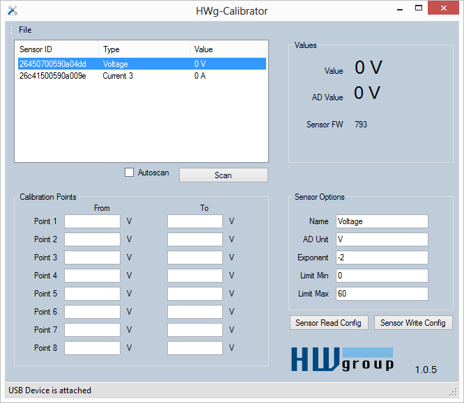 Connected sensors Result value Output Unit Calibration Table Po připojení senzoru 1-Wire UNI k převodníku je třeba senzor nejprve vyhledat pomocí tlačítka Scan.