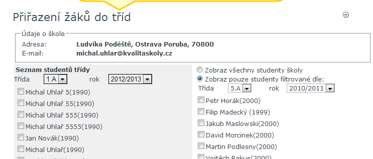 4. Přiřazení žáků do tříd Přiřazením žáků do tříd nastavíme vazbu mezi žákem a třídou uloženou na portále.