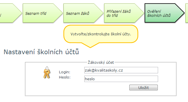 5. Nastavení školních účtů Nastavení školních účtu je důležitý krok pro přihlašování žáků k testování. Pro testování využíváme pouze ŽÁKOVSKÝ ÚČET.