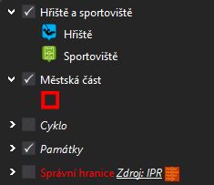 Legenda umístěná vlevo od mapy Widgets: Map, Editing, Legend,