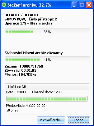 Obrázek 11: Okno stažení záznamů programu ENVIS.Daq V sekci Informace o zařízení můžeme změnit označení a názvy, pod které se archivy uloží.