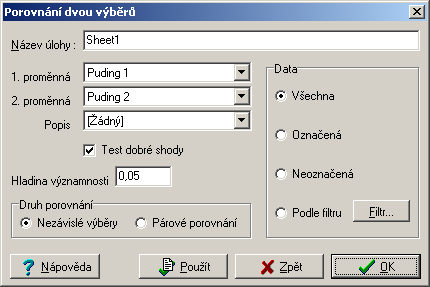 Porovnání dvou výběrů Menu: QCExpert Porovnání dvou výběrů Tento modul je určen pro podrobnou analýzu dvou datových souborů (výběrů).