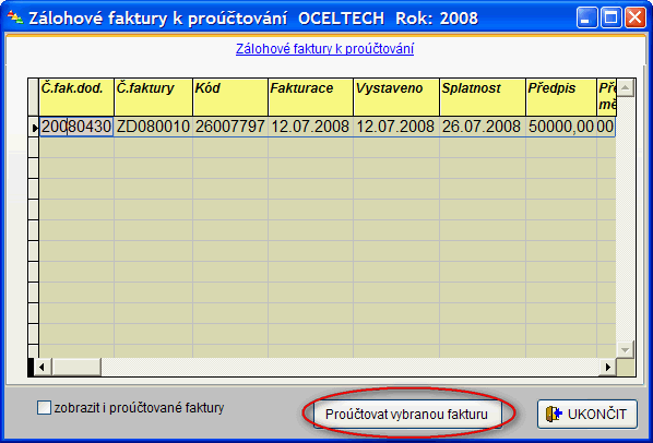 Program nabídne zálohy k proúčtování.