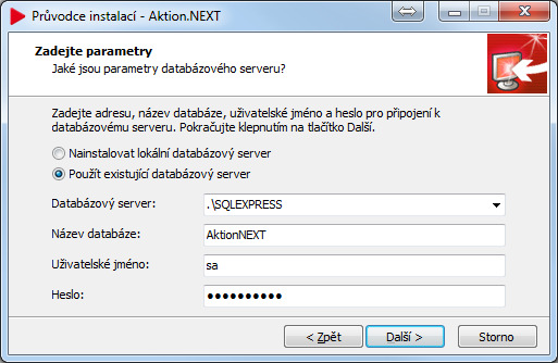 b) Pokud chcete využít váš existující databázový server, zadejte jeho adresu, název