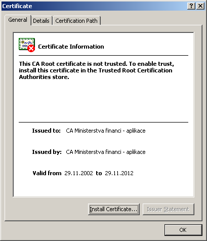 Zobrazí se informace o certifikátu, kde je třeba vybrat hierarchicky nadřazený: CA Ministerstva financí aplikace v záložce Cesta k certifikátu a zvolit