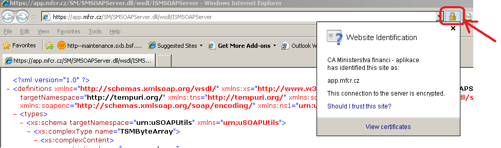 2. v aplikaci Internet Explorer: restartovat IE. Po opětovném zadání cesty k certifikátu se namísto informace, že certifikát vydala společnost, které nedůvěřujete, objeví.xml dokument: 3.