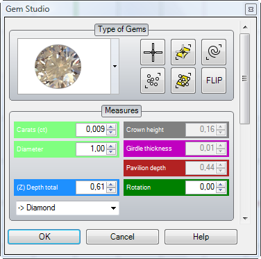 Gem Studio Gem Studio umožňuje vkládat do scény různé brusy kamenů podle GIA
