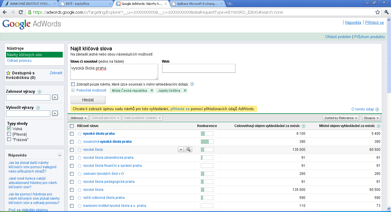 Obrázek 3.1: Google AdWords Návrhy klíčových slov Zdroj: http://adwords.google.