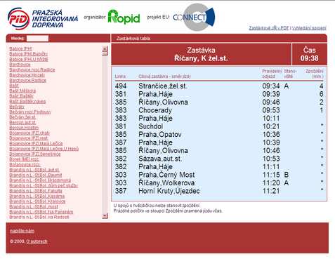 Informace v reálném čase internetová aplikace Zastávková tabla volně přístupné na webu www.ropid.