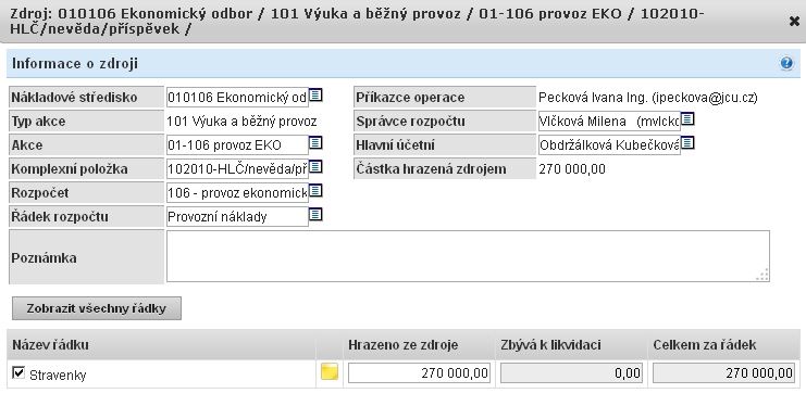 Kliknutím na název položky se zobrazí bližší informace např.