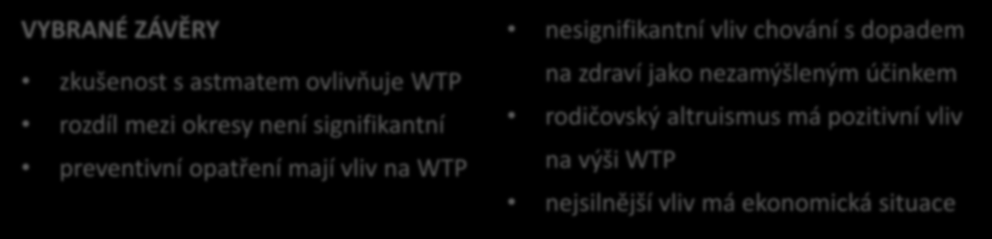 Ocenění respiračních onemocnění u dětí VYBRANÉ ZÁVĚRY zkušenost s astmatem ovlivňuje WTP rozdíl mezi okresy není signifikantní preventivní opatření mají vliv na WTP nesignifikantní vliv chování s