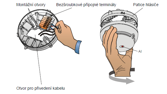 UTB ve Zlíně, Fakulta aplikované informatiky, 2011 48 Obr. 5. Připojení kabelu, montáž hlásiče do patice.