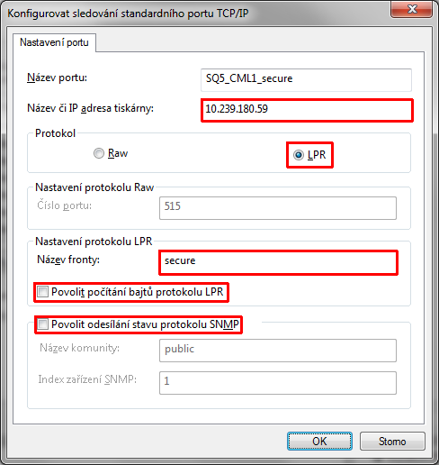 6. V okně konfigurace portu vyberte protokol LPR, vyplňte název fronty ( secure pro zabezpečenou frontu nebo