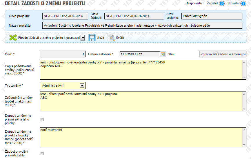 KP edituje příslušná pole v Detailu žádosti o změnu projektu dle