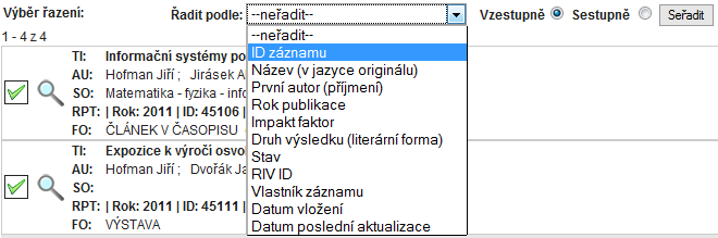 5.1.2. Označování záznamů U každého záznamu je pole pro možnost jeho označení (zaškrtnutí). Stejné pole je i na detailu publikace v horním pravém rohu formuláře, odkud lze označení také provést.