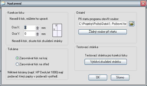 Nastavení V menu "Nastavení" naleznete položku "Korekce tisku" kde lze nastavit korekci tiskové osy X a Y.