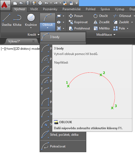 5.9 Oblouk Příkaz slouží k nakreslení oblouku.