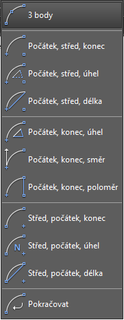 Oblouk mohu zadat několika různými způsoby dle obrázku.