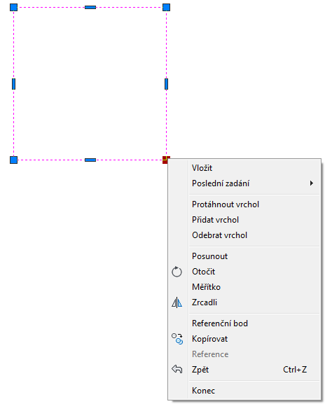 Úpravu objektů pomocí editačních uzlů můžeme snadno a jednoduše provádět následovně. Vybereme entitu výběrem. Vybereme příslušný uzel levým tlačítkem myši.