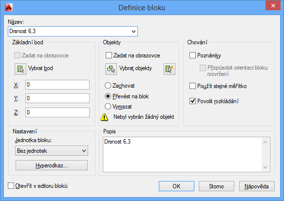 12.5 Připojení atributů k bloku Po definování atributů je můžeme připojit k bloku standardními příkazy pro vytvoření bloku (např. příkazem Blok v příkazovém řádku).