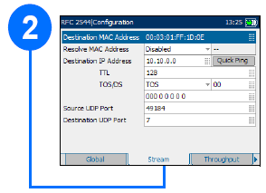 Nastavení a spouštění testů: Nastavení RFC 2544 (benchmark pro certifikaci ethernet sítí) Položka RFC 2544 poté Configuration poté list Global pro konfiguraci nastavení.