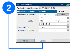 Nastavení BERT (bit error rate test) Položka BERT poté Configuration poté list Global pro konfiguraci nastavení.