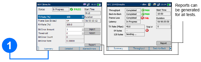 Nastavení Smart Loopback (smyčka) Položka Smart Loopback je přímo v hlavním menu. - Tlačítkem Start/Stop lze rovnou spustit test. Vyhodnocení lze sledovat v průběhu testování.