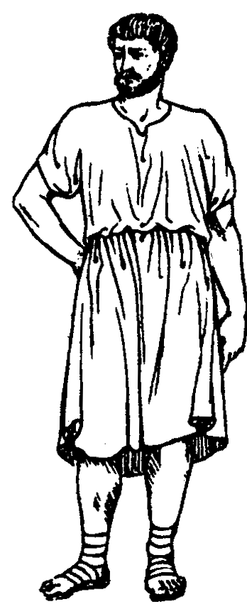 Tunika jednoduchá s krátkými rukávy, v pase přepásaná, mírně podkasaná, dlouhá po kolena, zhotovená z vlny nebo lnu. Universální oděv pro prosté lidi venkovany, řemeslníky, otroky.