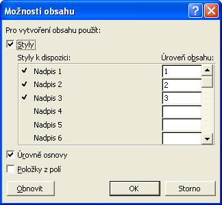 řádce, ale bude pokračovat bezprostředně za posledním znakem nadpisu. Obsah pak můžeme vytvořit i pomocí těchto vložených nadpisů.