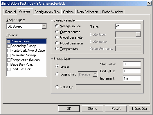 Analýza DC Sweep Nyní je třeba vytvořit nový simulační profil: PSpice -> New Simulation Profile Zvolíme vhodné jméno profilu a potvrdíme Create. Z nabídky Analysis type zvolíme DC Sweep.