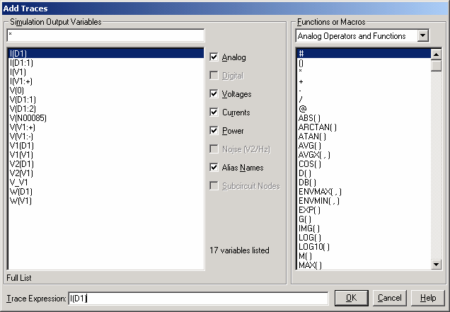 Proudový marker musí být vždy umístěn na PINu součástky. 2. V okně simulace je možné ručně přidat průběh požadované veličiny příkazem Trace -> Add Trace (klávesová zkratka Insert).