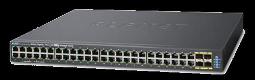 Planet GS-5220-48T4X 10-Gigabit 48x 1000Base-T metalická rozhraní 4x 10GBase-SR/LR SFP+ rozhraní, kompatibilní s 100/1000Base-X SFP, podpora SFP-DDM 4x 100/1000Base-X SFP rozhraní, kompatibilní s