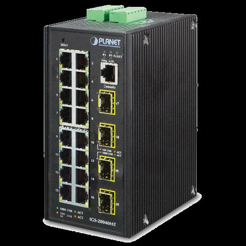 Planet IGS-20040MT PTP protokol 16 portů 1000Base-T 4 porty SFP 1000Base-SX/LX/BX nebo 100Base-FX, podpora DDM L3 statické routování, až 32 pravidel a 128 VLAN rozhraní, podpora IPv6 trunk LACP,