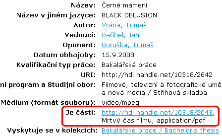 3.2 Úpravy Dspace vazby mezi příbuznými záznamy Ostatní práce (B, C) podřízený