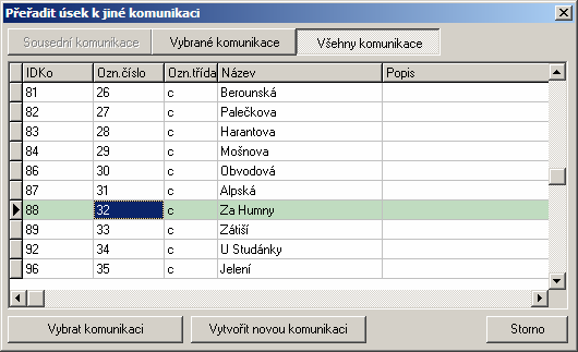 KOMUNIKACE Negrafická tabulka jednotlivých komunikací každá komunikace se skládá nejméně z jednoho úseku : Mezi výše uvedenými třemi tabulkami vlastní sítě (Prvek úseku, Úsek, Komunikace) jsou v