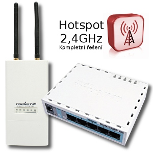 MIKROTIK: Hotspot 2,4 GHz, RB750, Rocket M2 AirMax MIMO Hotspot řešení s venkovní jednotkou Rocket M2 pro všesměrové pokrytí. Hotspot je již kompletně nakonfigurován a připraven k okamžitému použití.