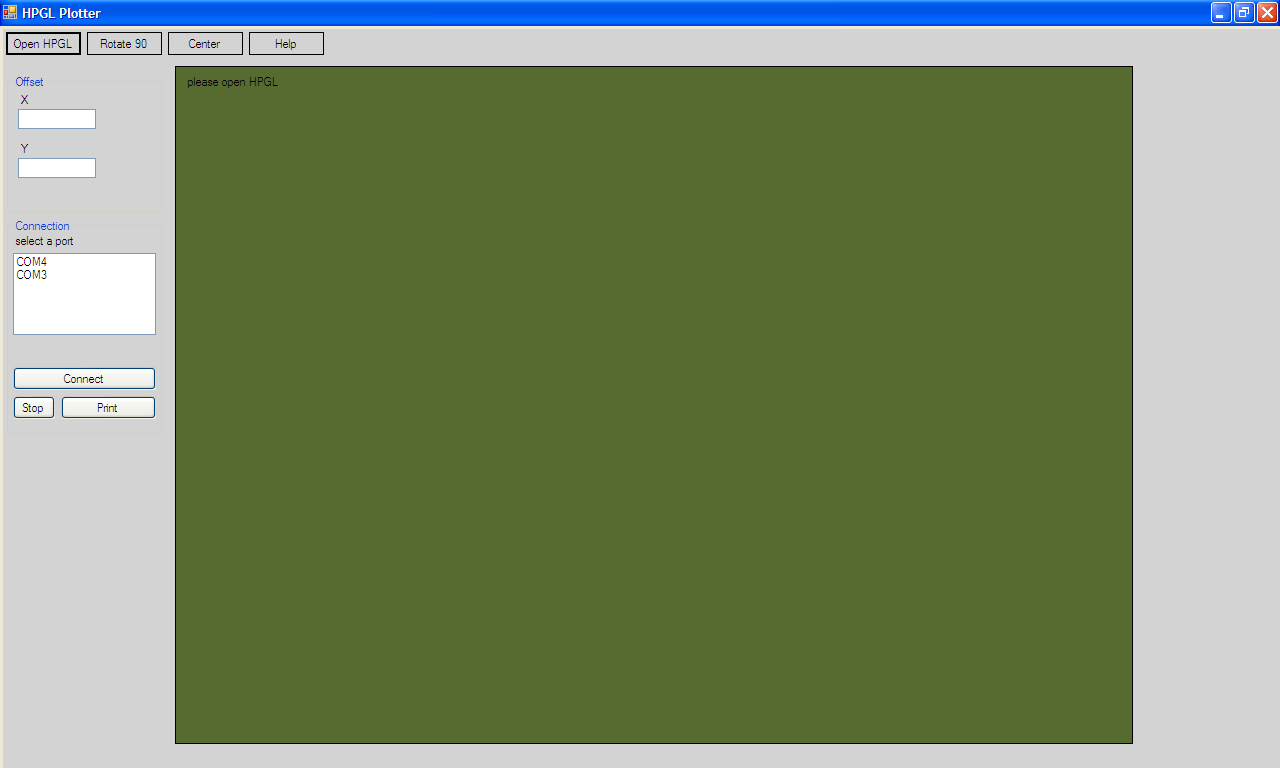 4 Ovládací program 2. Zapněte program HPGL.exe Open HPGL o Klikněte na tlačítko Open HPGL a nastavte cestu k uloženému souboru, v našem případě deska.