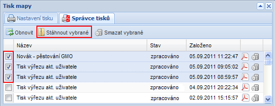 3. SPRÁVCE TISKŮ Správce tisků se nachází na poslední záložce dialogového okna Tisk mapy. Slouží ke stažení tištěných souborů ve formátu PDF.