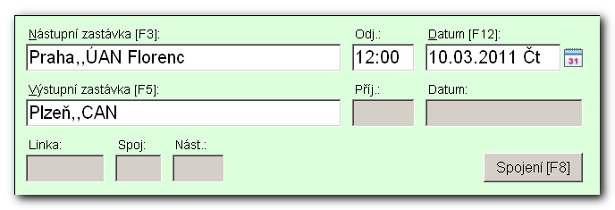 Obrázek 4.2.5.1 Po zadání všech údajů (viz obrázek 4.2.5.2) stiskneme klávesu <F8> nebo klikneme na tlačítko [Spojení]. Obrázek 4.2.5.2 Systém vyhledá podle zadání všechny spoje až do 24:00 hodin.