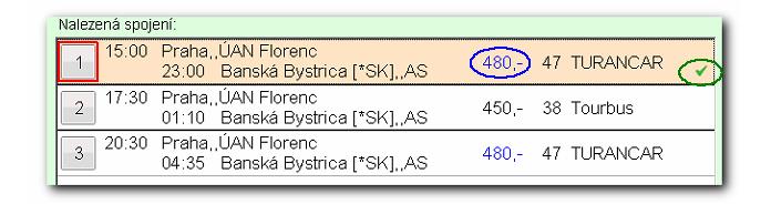 Obrázek 4.2.5.3 Výběr zvoleného spoje, jestliže jsme k výběru použili klávesy < > a < >. V případě, že používáme myš, klikneme na řádek zvoleného spoje.