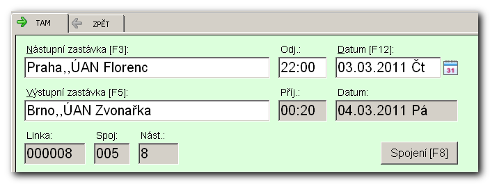 Tuto informaci lze také vyvolat kliknutím na tlačítko [Jízdní řád] na panelu příkazů. Modře zvýrazněná cena indikuje možnost obousměrné jízdenky pro tento spoj.