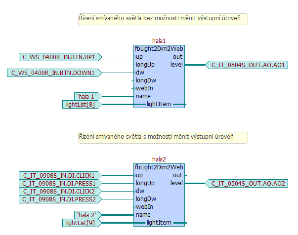 Proměnná Typ Význam name STRING[16] Název světla VAR_IN_OUT lightitem T_LIGHT_DESC Odkaz na položku v seznamu světel VAR_OUTPUT out BOOL Signalizace zapnutého světla level REAL Výstupní úroveň (0.